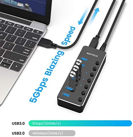 RSHTECH 7-портов USB хъб 3.0 с ac адаптер + 7 в 1 USB C-hub с пристанище, 8K HDMI, 3 usb трансфер на данни USB 3.2 със