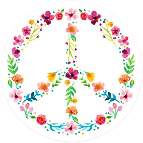 Стикер Stickios с флорални знака на Мира 4,75x4,75 инча - Произведено в САЩ - Мир, Любов, Кръгъл Стикер в стил хипи Броня,