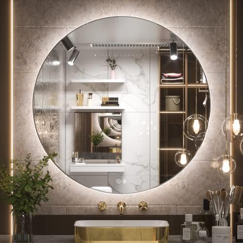 TokeShimi 36-Инчов Кръгло Огледало с led осветление, Тоалетен Огледало за Баня, Стенни Кръгло Огледало с Регулируема