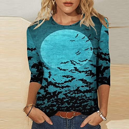 Риза с кръгло деколте на Хелоуин, Дамски Модни Свободна Тениска с Принтом, Блуза, със средна дължина, С 3/4 ръкави, Ежедневни Блузи
