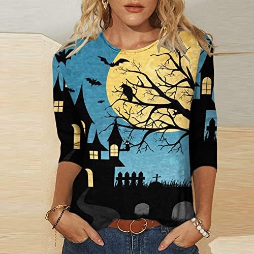 Риза с кръгло деколте на Хелоуин, Дамски Модни Свободна Тениска с Принтом, Блуза, със средна дължина, С 3/4 ръкави, Ежедневни