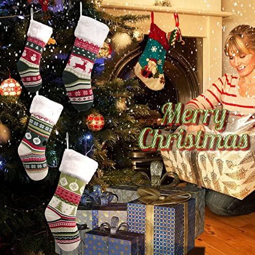 Коледни Чорапи LEQUC, 15-Цолови Възли Коледни Чорапи за деца, 4 бр. Големи Коледни Чорапи, Зелени Възли Плюшени Украса