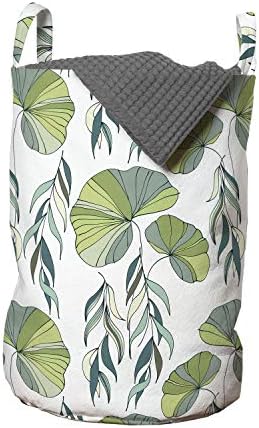 Чанта за дрехи Ambesonne Asian Leaves, Композиция от листа на Водни Лилии в зелени тонове, Кошница за дрехи с дръжки, закрывающаяся на шнур, за пране, 13 x 19, Светло зелена