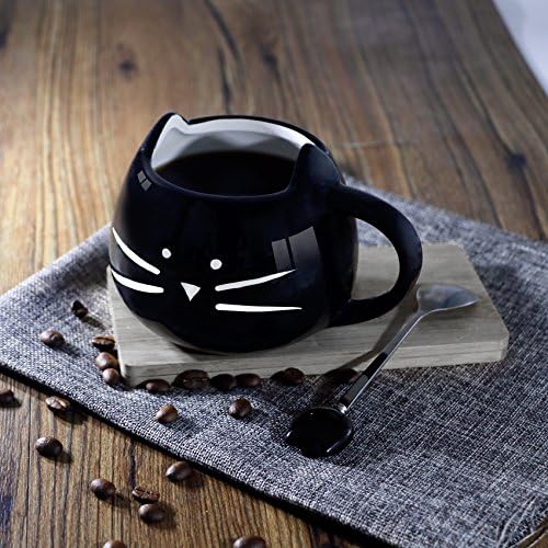 Teagas Сладка Котка Mug 12 унции - Керамична Чаша за Сутрешно кафе с Хубаво Черно Коте и Комплект Лъжички за Хубава Котка,