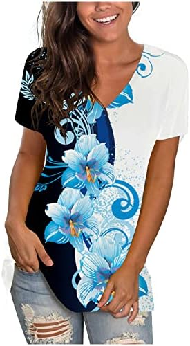 Лятна Есенна Графична Блуза, Дамски Памучен Ежедневни Тениска с Къс Ръкав и Дълбоко V-Образно Деколте за Момичета DR
