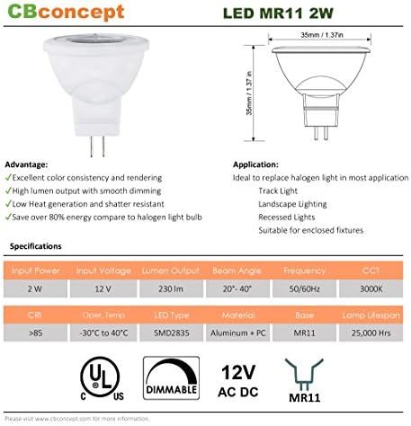 Led лампи CBconcept MR11 GU4.0, изброени в UL, 10 бр., 2 W, С регулируема яркост 230 Лумена, Топъл Бял 3000 До Ъгъл на