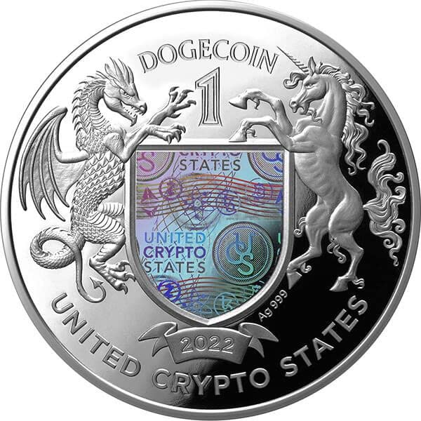 2022 DE Съединените Крипто-Членки на PowerCoin Dogecoin Криптовалюта 1 Унция Сребърна монета 1 Dogecoin 2022 Доказателство