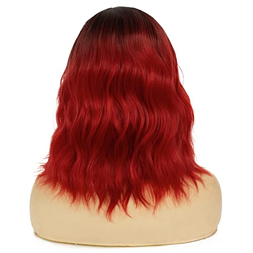 Червена перука Baruisi Омбре, къса къдрава перуки с вълнообразна прическа Боб за жени, синтетични перука с тъмни корени и страничната част за cosplay