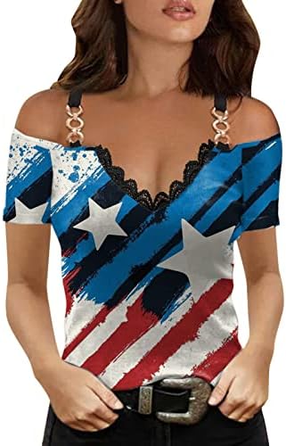 На 4 юли, Дамски Ризи с отворени рамене, Отгоре с изображението на Знамето на САЩ в Лента, Тениска с Графичен Дизайн,