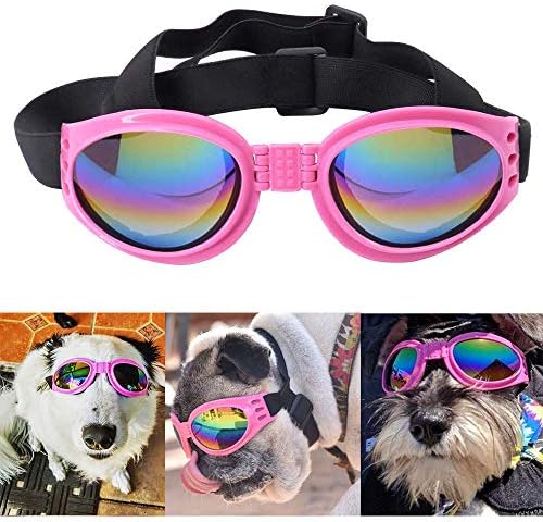 Слънчеви очила за кучета, 2 броя Очила за кучета с Регулируема Каишка, Защита на очите за пътуване на Ски, Черни и Розови
