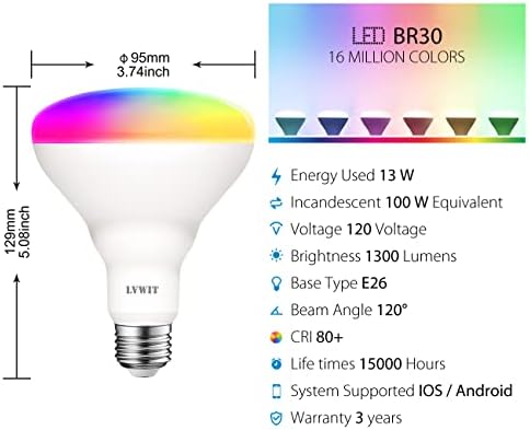 Интелигентни електрически крушки LVWIT Алекса, еквивалент на BR30 100 W, E26 Smart LED, Работят с Google Assistant, приложение Smart Life, приложение на Hristo, лампа с регулируема яркост 1300 Лум