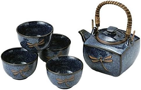 M. V. Търговия MV64N Японски чайник със син Стрекозой и набор от чаени чаши, Квадратен, (1 Чайник 24 грама / 4 чаша по