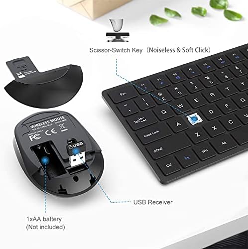 Безжична клавиатура и мишка WisFox, Ультратонкая клавиатура без забавяне 2,4 Ghz с копчета бутони, интелигентен режим