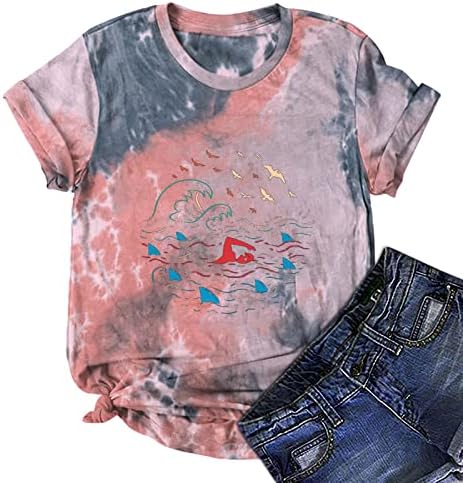 Горната Риза за Жени Лято Есен с Къс Ръкав е Удобна Цветни Дрехи в памучна Тениска с Кръгло Деколте и Графичен Дизайн 94 94