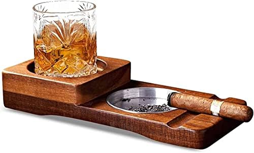 Пепелник за пури KOVOT и Тава за вино, чаши за уиски – Изтънчен дървен поднос в селски стил с поставка за чаши за коктейли