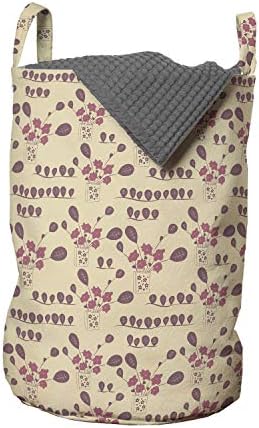 Чанта за дрехи Ambesonne с цветен модел, Винтажными цветове и Листа от вази, Кошница за дрехи с дръжки, заключващи на шнур, за пране, 13 x 19, Бежово-лилаво, Тъмно-сив