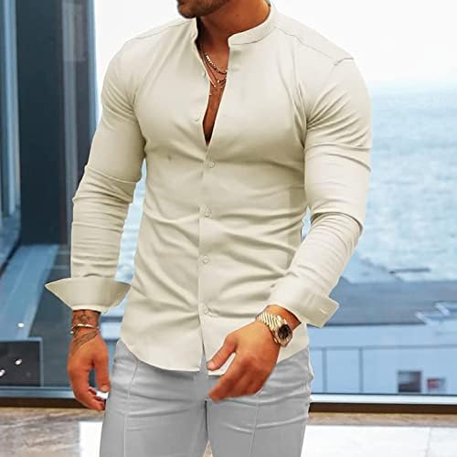 Мъжки ризи Muscle Fit Без Бръчки, Ежедневни Риза с дълъг ръкав и копчета, Модни Однотонная Блуза с шал яка подпора, Топ