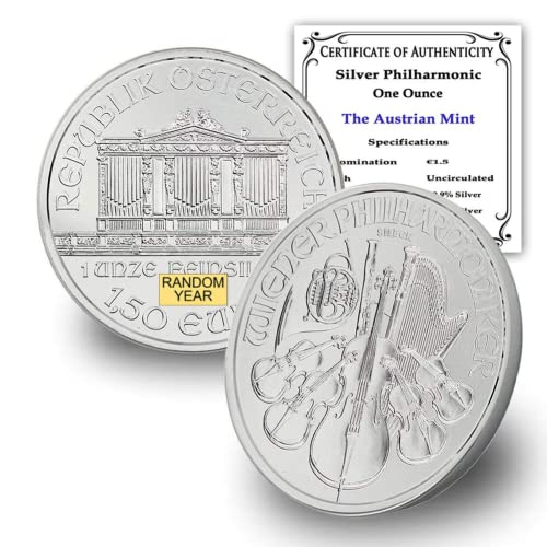 2008 - до Момента (Случаен година) Австрийската сребърна монета на Виенската филхармония с тегло 1 унция, Брилянт, без