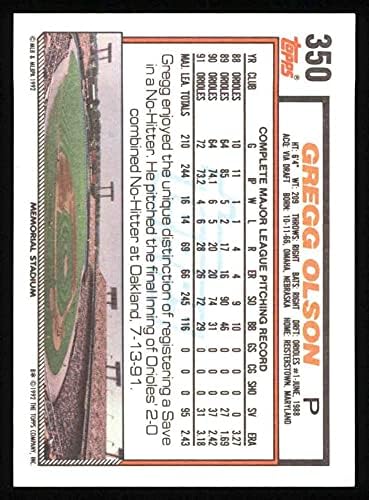 1992 Topps # 350 Грег Олсън Балтимор Ориолс (Бейзболна картичка) NM/MT Ориолс