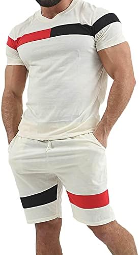 Мъжки Летен Спортен Костюм, Спортен Комплект от Цветни блока, 2 броя, Тениски с къс ръкав, къси Панталони, Всекидневни