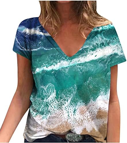Плажни Летни Тениски с V-образно деколте за Жени 2023, Модерен, Цветен Принт, Сладки Пролетни Блузи За Момичета, Хавайски