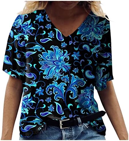 Дамски Блузи С Къс ръкав, Класически Ретро Топ с Принтом в Национален Стил, Свободна Удобна Тениска С V-образно деколте