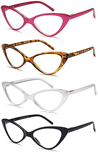 Дамски очила за четене EYEURL в опаковка от 4 теми, Модни Очила Котешко око, Блокер Синя светлина, с кутия пролетта панти,