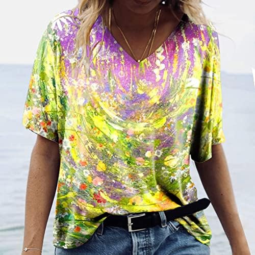 AMXYFBK Дамска Блуза с V-Образно деколте и Къс Ръкав, Цветна Блуза с Принтом, Свободни Спортни Блузи, Ежедневни Модни