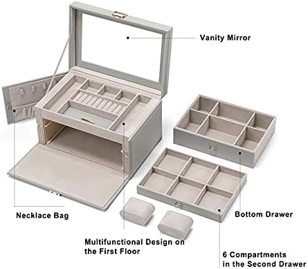 INJIE Кутия за съхранение на Бижута, Изкуствена Кожа, Пътни Кутии за бижута с 2 чекмеджета, Кутия-Органайзер за Бижута