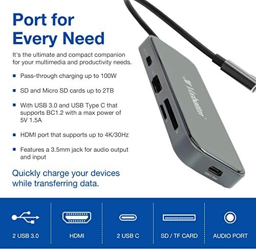 Адаптер hub Verbatim 8 в 1 USB C с резолюция 4K, HDMI, мощност 100 W, 2 порта USB 3.0, 1 USB, C, устройства за четене