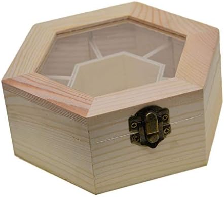 IRDFWH Натурална Проста Дървена Кутия За Съхранение на Бижута със Стъклен Капак и Ключ Съкровище във Формата на Шестоъгълник