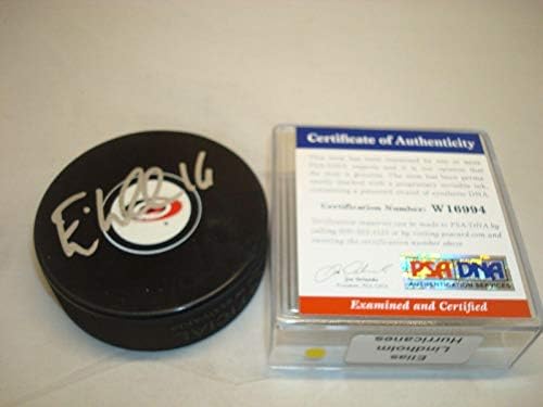 Елиас Линдхольм Подписа Хокей шайба Каролина хърикейнс с Автограф на PSA/DNA COA 1A - за Миене на НХЛ с автограф