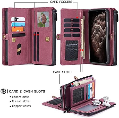 Чанта-портфейл CaseMe за iPhone 11, Трайни, Ръчно изработени от изкуствена кожа, Сменяем Магнитен калъф за телефон с
