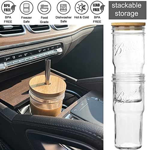 Комплект стъклени Чаши ALINK от 4 опаковки с бамбукови капаци и соломинками + Нощни Стъклена Гарафа за вода с обем 900