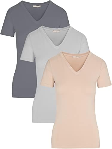 Дамски лека тениска от еластичен памук с V-Образно деколте и къс ръкав Pure Look от 3 теми в опаковка