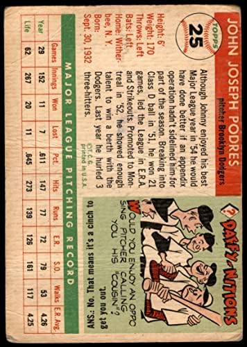 1955 Topps # 25 Джони Подрес Бруклин Доджърс (Бейзбол карта) ЛОШ Доджърс