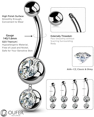 OUFER Висящи Пръстени за Пъпа, G23 Твърдо Титановое Пръстен за Корема, 14 Г Прозрачни CZ Дълги Бижута за Пиърсинг на