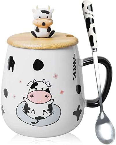 XEFINAL Скъпа Кафеена чаша от телешка кожа, с капак и лъжица, Керамични кафеена чаша от волска кожа, 420 мл, Кавайные Коровьи Чаши, 3D Чаша с изображение на Крава във формат