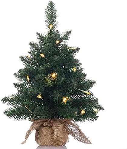 Предварително Осветени Изкуствена Мини Коледно дърво, 20-инчов Миниатюрна Коледно дърво от Бор с 20 led крушки, 70 Топчета клони, Настолна Коледно Дърво от Чул- (50 см)
