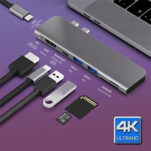 WETYG USB 3.1 Type-C Хъб към адаптер 4K Thunderbolt 3 C USB Hub с възел 3.0 TF Слот за SD четец на PD (Цвят: сив)