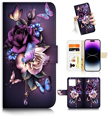 AJOURTEK за iPhone 14 Pro Max, Дизайнерски калъф-книжка с панти капак, необичайно Цвете, пълна Защита на тялото, AD003 (#24886, лилава роза)