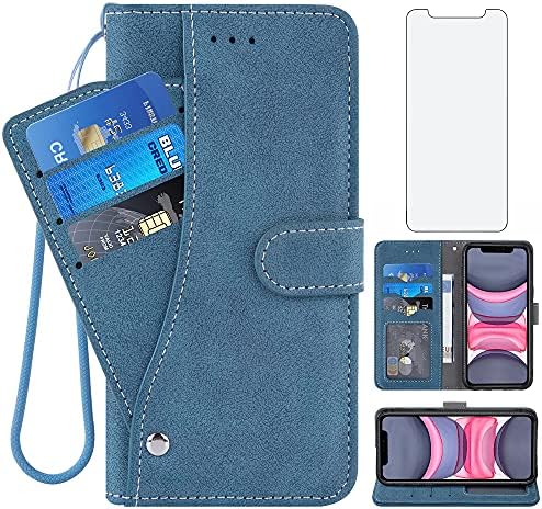 Съвместим с iPhone 12 Mini 5.4 Чанта-портфейл и Защитно фолио за екран от закалено Стъкло, Сгъваеми Притежател на кредитна карта, Стойка за маса, Аксесоари за Телефони, Калъ