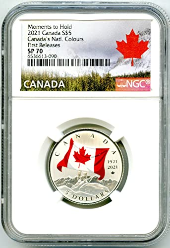 От кралския канадски монетен двор CA 2021 ПЪРВИ път ПУСКА на Националните цвета на Знамето на Канада на СТОЙНОСТ 5 SP70